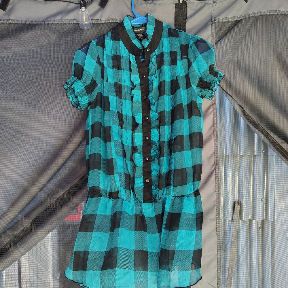 Sam & Max Teal and Black Checkered Blouse